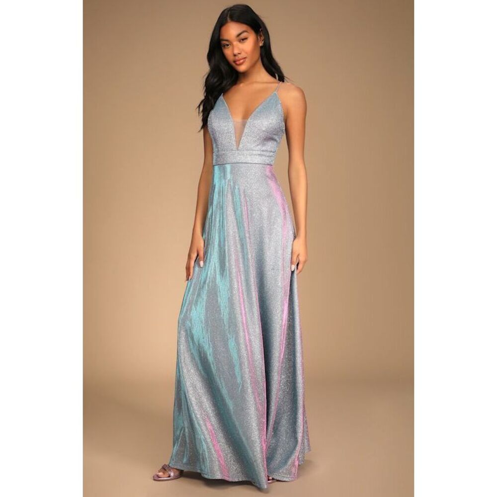 Lulus Party Night Shiny Light Blue Iridescent Maxi Dress - Size M